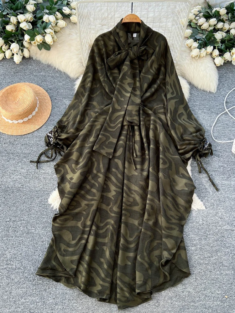 

High Waist Slim Fit A-Line Long Dr Korean Commuter Sle Camouflage Wrap Belted Women's New Long Sve Military een Dr