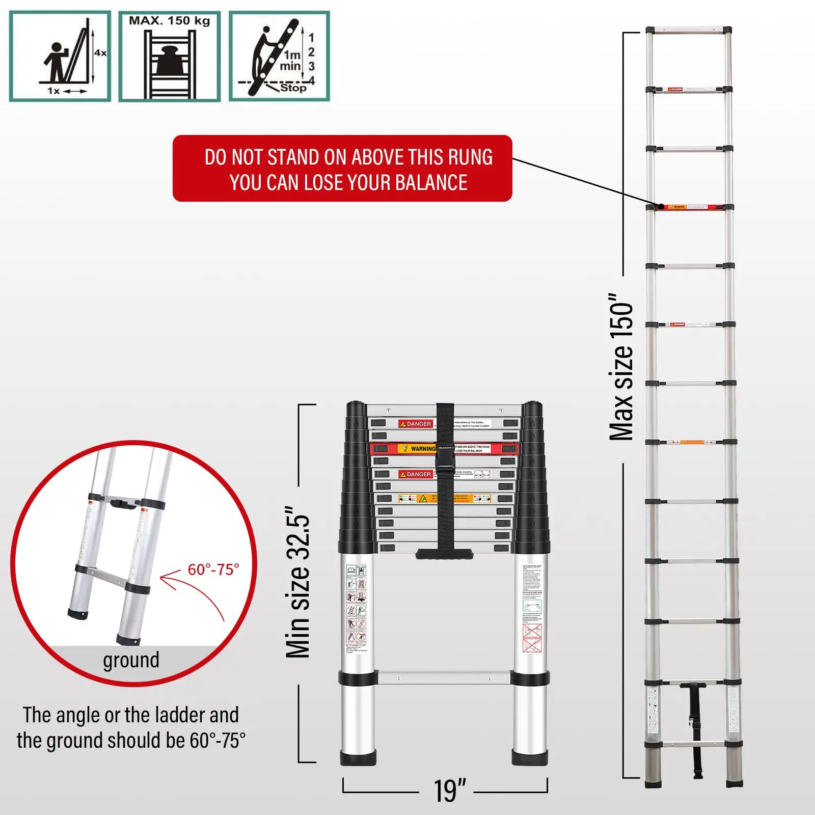 Telescoping Ladder,12.5 FT One Button Retraction Aluminum Telescopic Extension Extendable Ladder, Multi-Purpose Ladder