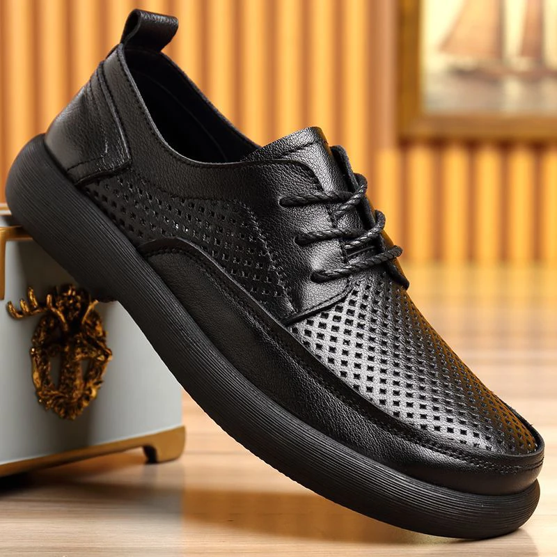 

Genuine Cow Leather Shoes Men Luxury Business Office Dress Flat Board Cowhide Platform Summer Hollow Out Small Hole Breathable