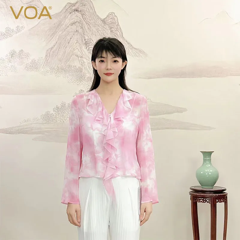 VOA Georgette Pure Silk V-neck Casual Mulberry Silk Top T-shirt in Two ColorsWE331