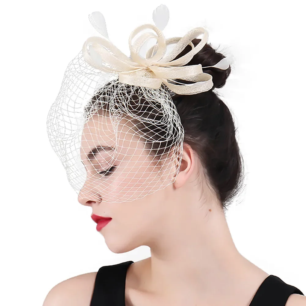 Ivory/White/Black Veils Bridal Female Elegant Fascinator With Bow Women Hair Accessories Wedding Party Floral Headband Headwear