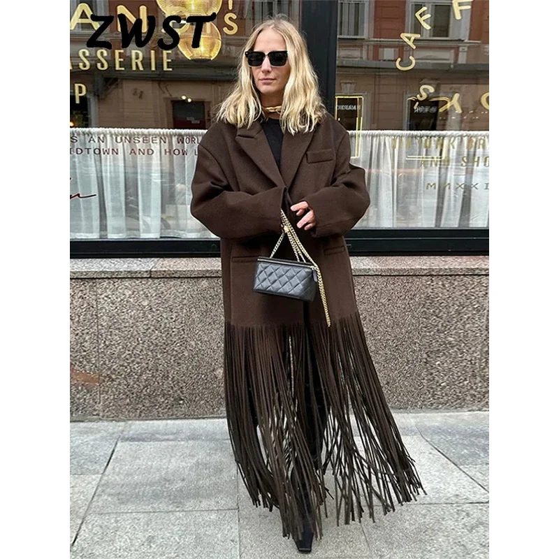 

Fashion Tassel Hem Women's Coat Autumn Winter Turndown Collar Long Sleeve Female Overcoat 2024 Brown High Street Lady Outwear