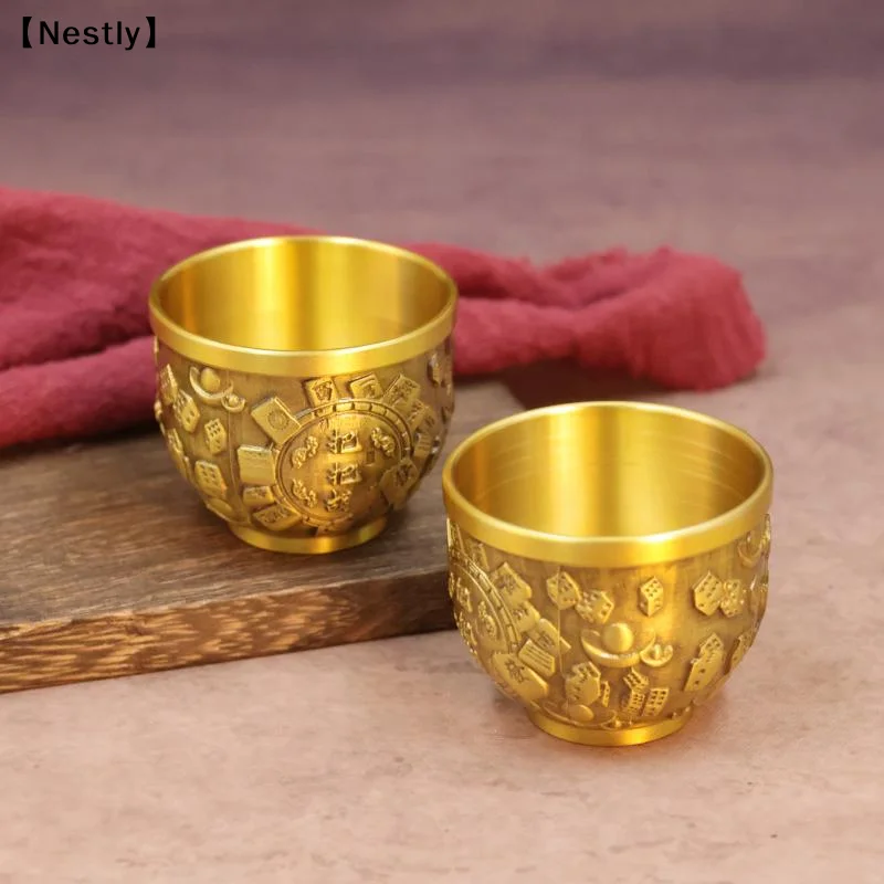 Brass Fu Bowl Desktop Lucky Decor Hand Carved Brass Drinking Cup Treasure Bowl Metal Artifact Gifts〔Nest〕