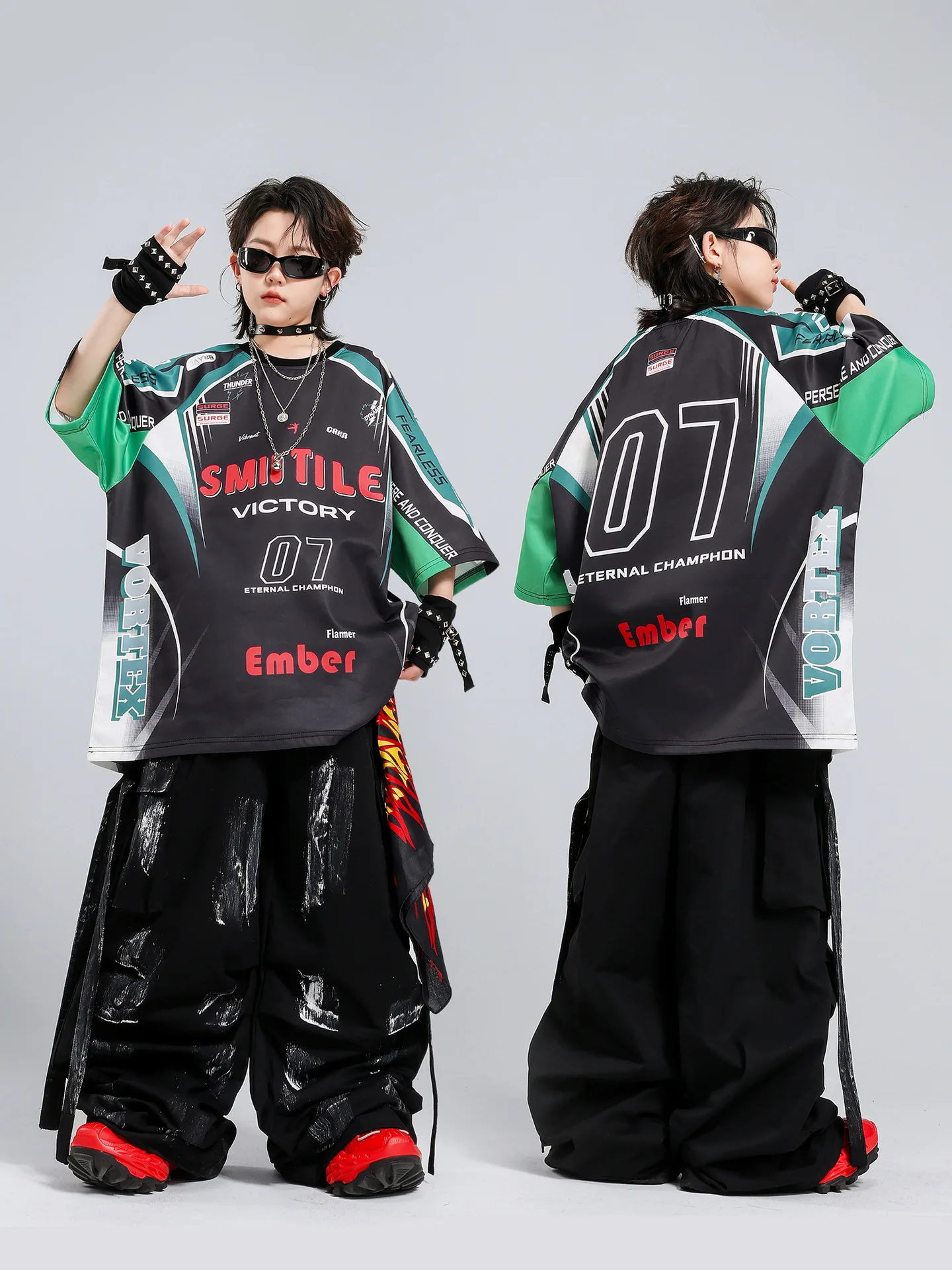 Boys Hip Hop Contrast T-shirt Graffiti Cargo Pants Girls K-pop Street Dance Clothes Sets Children Streetwear Kids Jazz Costumes