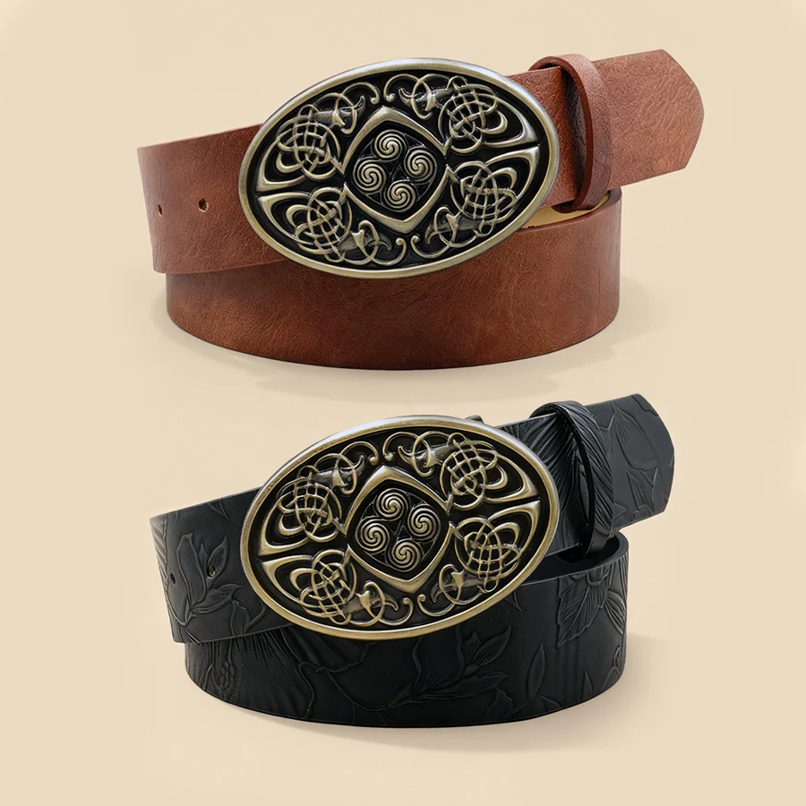 

Винтажный кожаный ремень с пряжкой в виде кельтского узла - модный поясной ремень с тиснением коричневого/черного цвета для мужчин и женщин