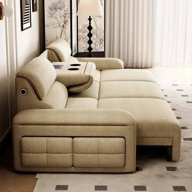 Cream Wind Elephant Ears Living Room Small Apartment Intelligent Voice Electric, Retractable Zero Wall Chenier Fabric Sofa