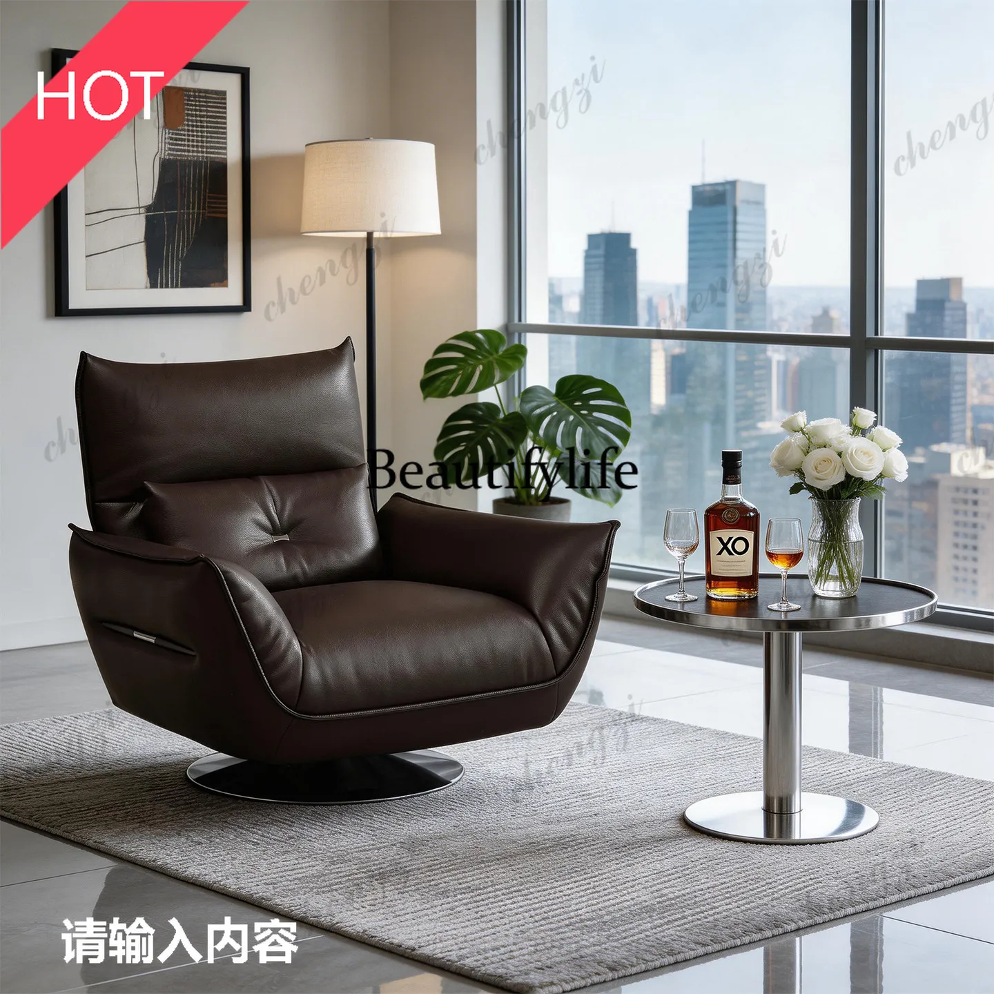 A52 Italian minimalist leather single sofa chair living room leisure rotating chair modern light luxury first-layer cowhide chai