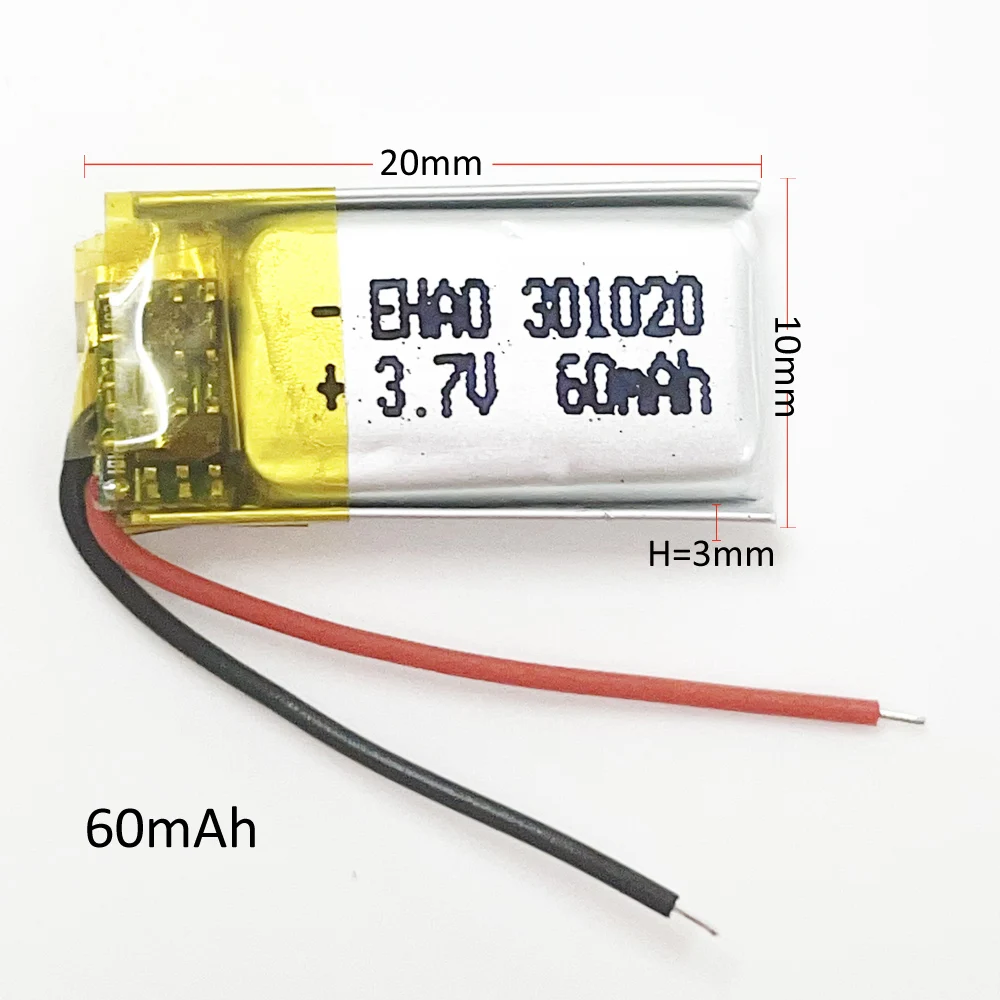 3.7V 60mAh Lithium Polymer LiPo Rechargeable Battery 301020 with JST 2Pin 1.0mm Plug For Mp3 Bluetooth Headset Speaker 3D Glass