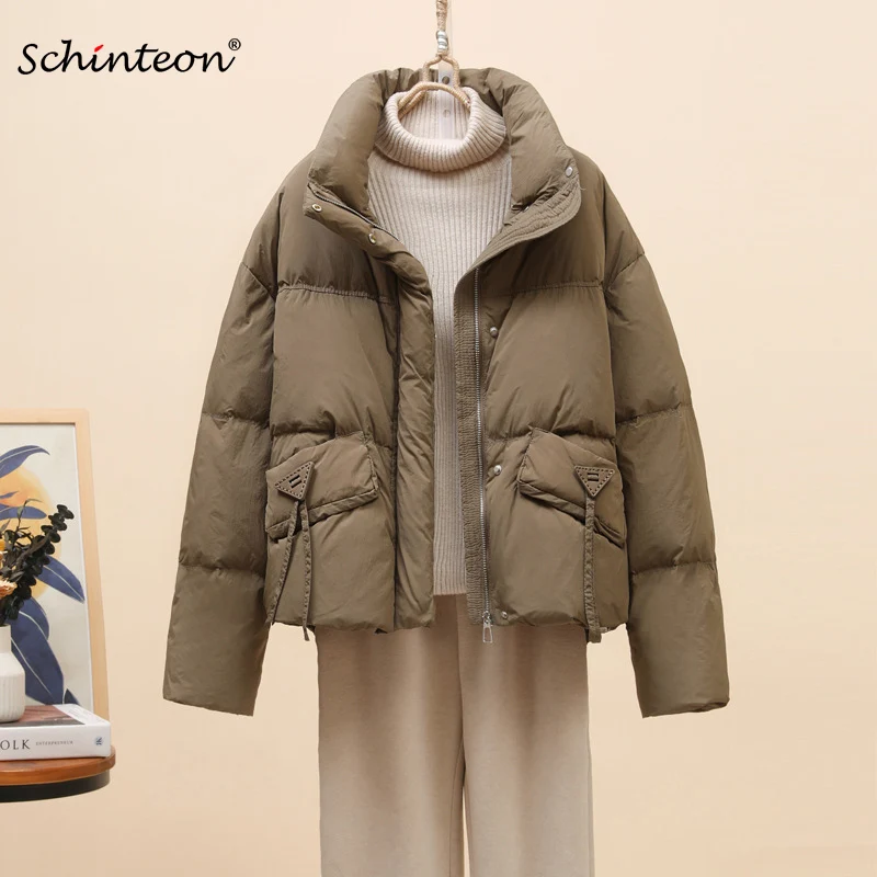 

Schinteon Women Down Jacket Casual Over Size Autumn Winter Outwear Stand Collar Warm White Duck Down Coat 2024 New Fashion