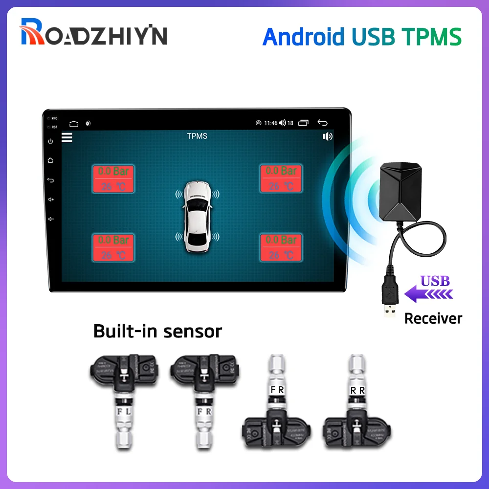 

Система контроля давления в шинах TPMS с USB, Android, дисплей, система сигнализации, 5 В, внутренние датчики для автомобильной навигации, автомобильное радио, 4 датчика