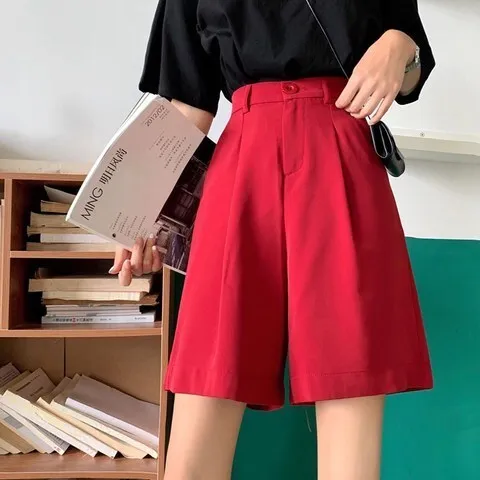 Korean-style Shorts Women Summer Button Knee-length Black Wide-leg Suit Shorts High Waist Women\'s Shorts A-Line Suit Short Pants