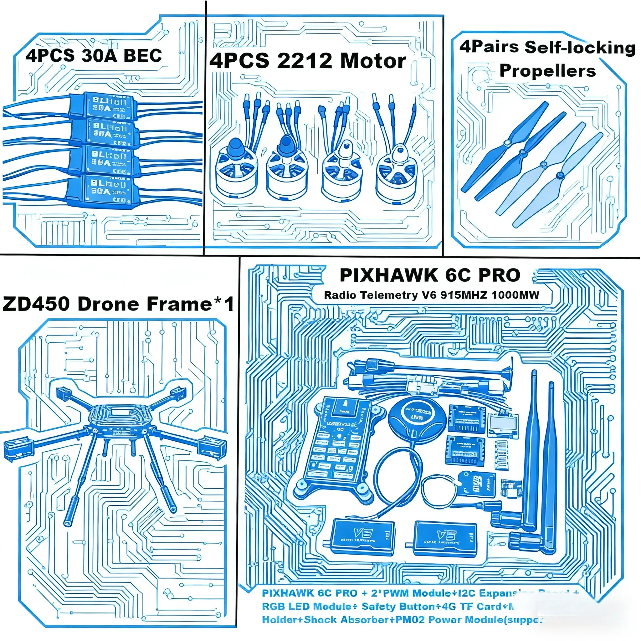 PIXHAWK 6C PRO Flight Control M8N /M9N Carbon Fiber 450 Frame Kit Ardupilot  Radio Telemetry Quadcopter BLHELI 30A 2212 Motor ES