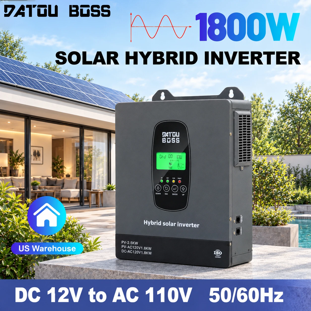 DATOUBOSS 1800W 12V Off-Grid Solar Inverter 2500W Max PV Input 100A Max Charging Current Pure Sine Wave 110/120V 60Hz