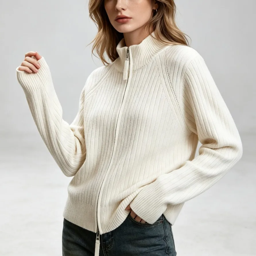 European and American autumn and winter new high collar knitted cardigan tops for women casual double zipper sweater jacket