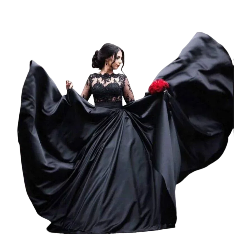 Customized  Boat Neck Black Lace Appliques Wedding Dresses A Line Long Sleeves Bridal Gowns Vestido Fiesta Boda