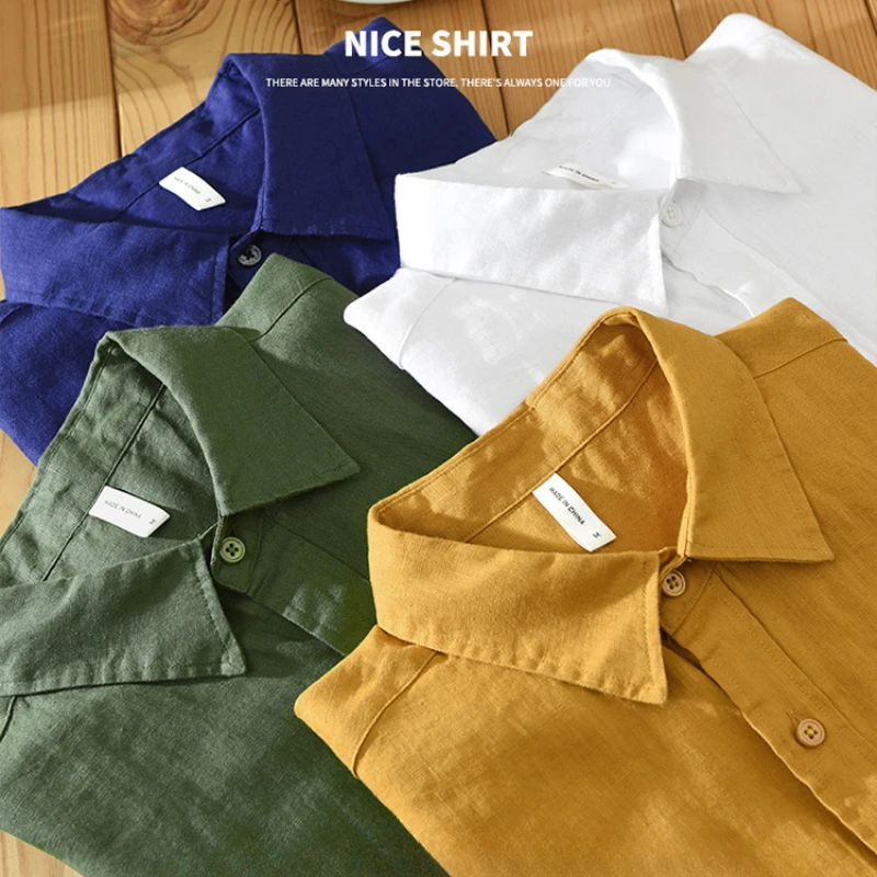 Linen Shirt Men\'s Summer Loose Breathable Short-Sleeved Shirt Artistic Casual Solid Color Shirt