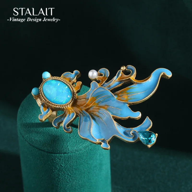 Vintage Blue Opal Goldfish Rings 18K Gold-Plated Luxury Stone Animal Antique Jewelry Accessories Party Engagement for Women New