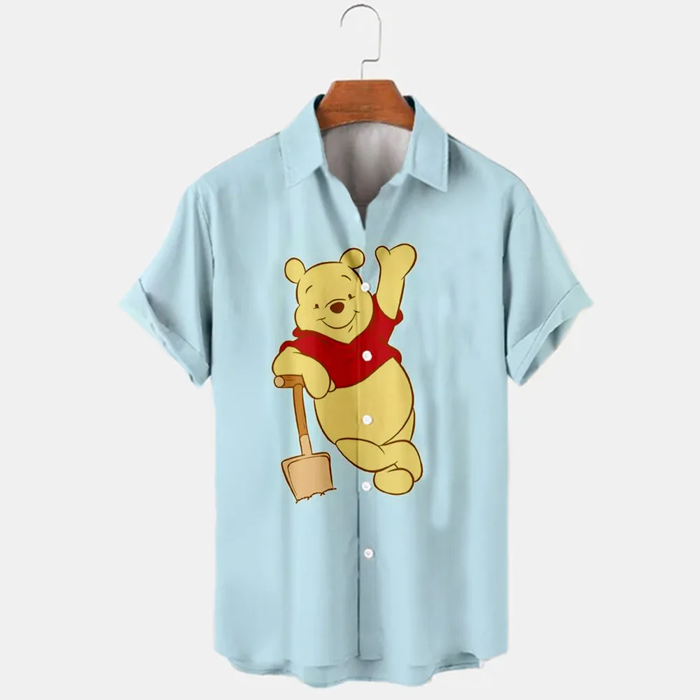 2022 New Summer Disney Branded Winnie the Pooh Cartoon Casual 3D Printed Short Sleeve Lapel Shirts Slim Fit Men\'s Tops