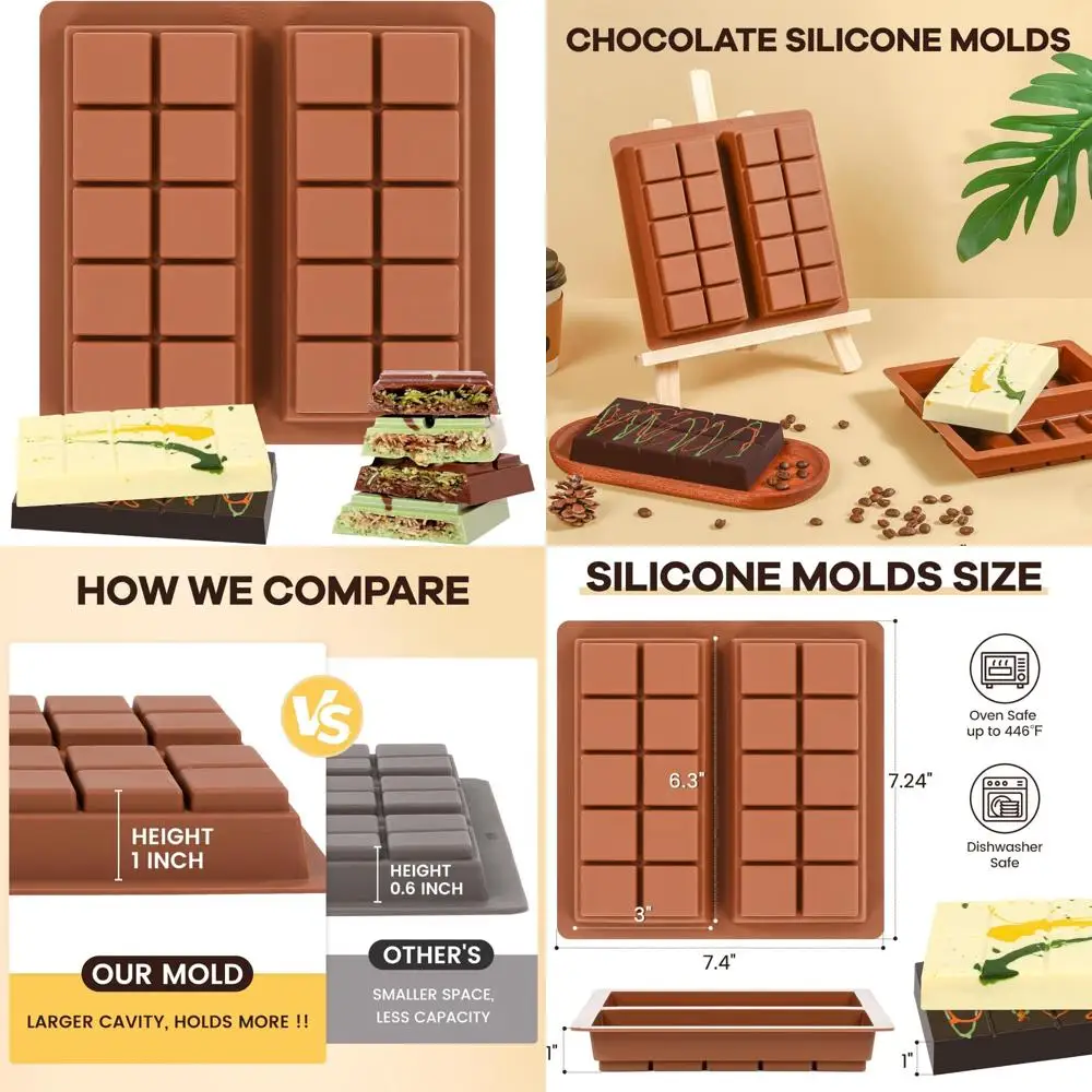 

dubai chocolate molds 1 inch deep, silicone chocolate bar mold – non-stick, flexible, large and thick homemade chocolates, candi