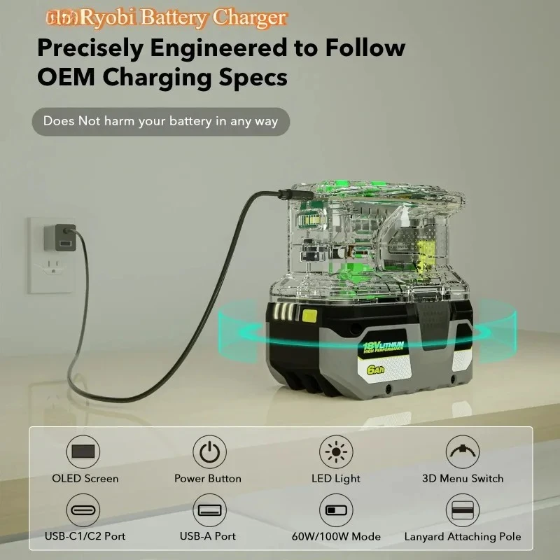 RYOBI Fast Charger 18V  Battery Recharger Lithium Battery 100W Charge USB Port Two-Way Charger PSC.