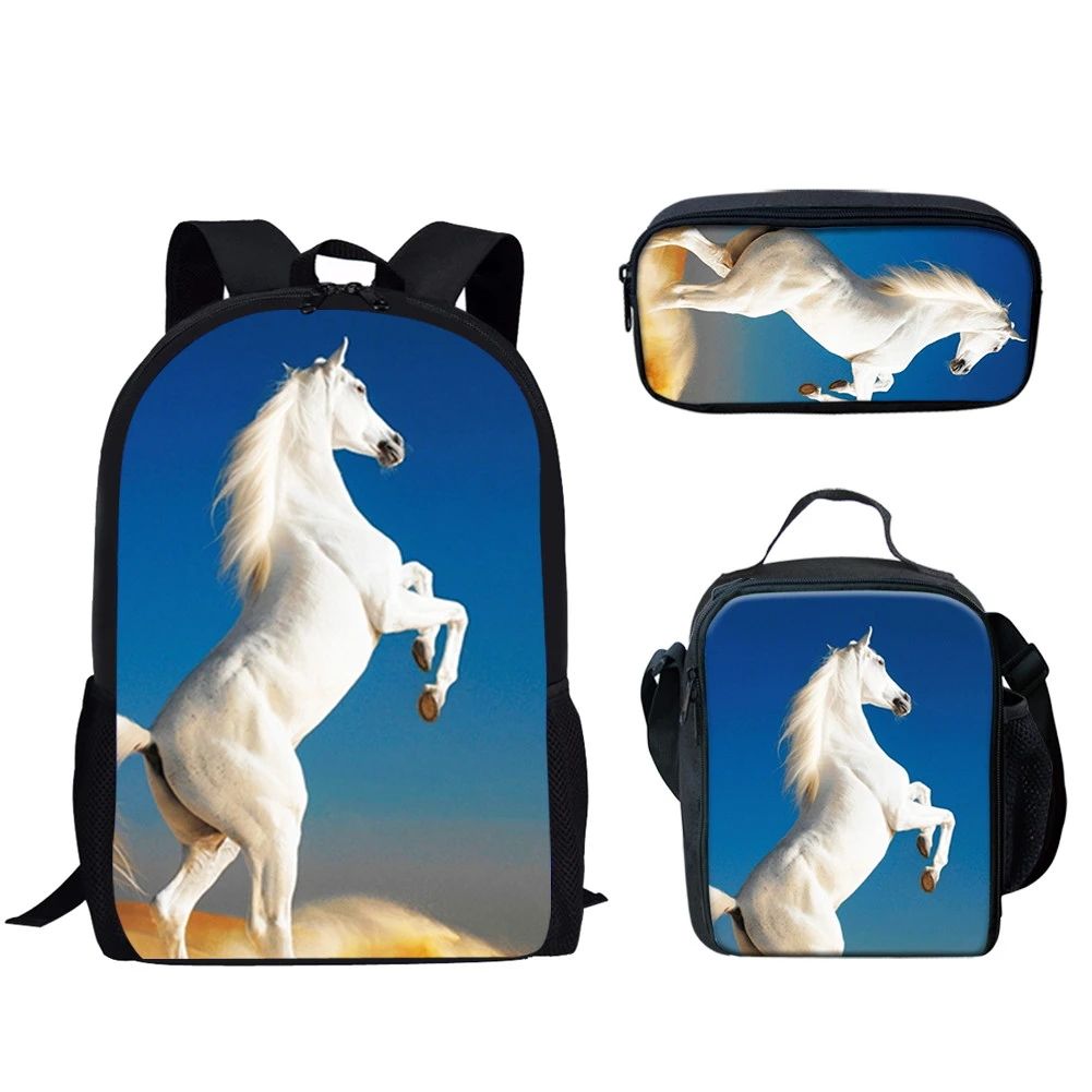 Cartoon Novelty Cool Black White Horse 3D Print 3pcs/Set pupil School Bags Laptop Daypack Backpack Lunch bag Pencil Case