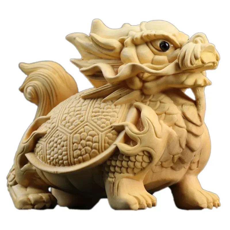 Natural Boxwood 7CM Dragon Turtle Solid Wood Carving Feng Shui Animal Wood Statue Chinese Dragon Sculpture Home Decor