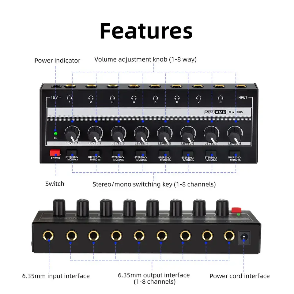 HA800S Ultra-Compact Audio Amplifier 8 Channels Mini Stereo Headphone Amplifier With Power Adapter EU US Plug Adapter