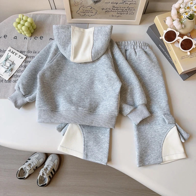 2026 Spring New Hot Selling Grey and White Color blocked Hooded Thick Coat and Trumpet Pants Two Piece Set