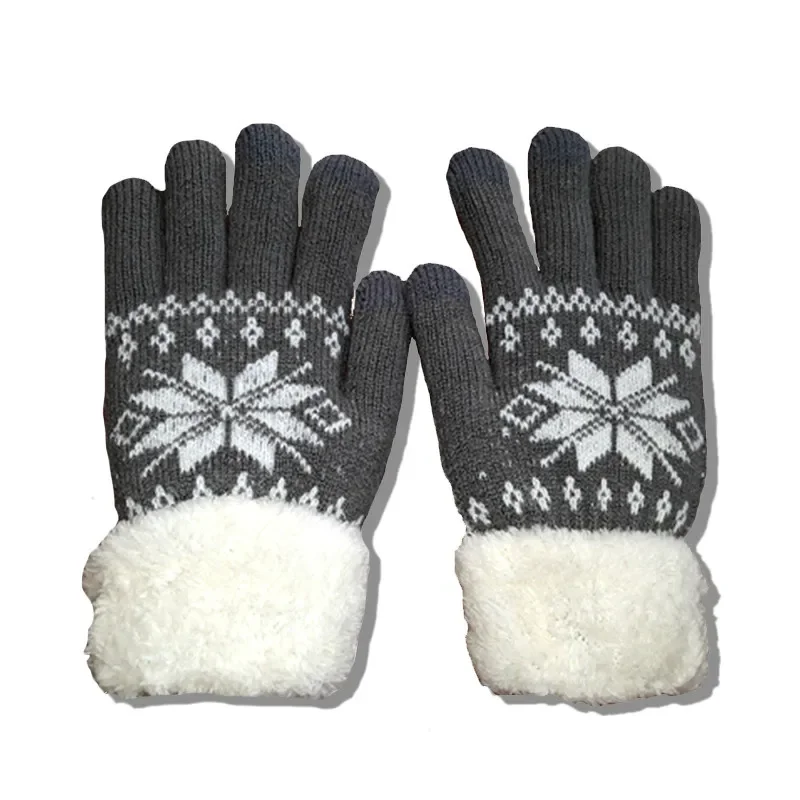 Rimiut Thick Cashmere Two Layer Winter Gloves For Women Snowflake Knitted Pattern Full Finger Skiing & Touch screen Glove