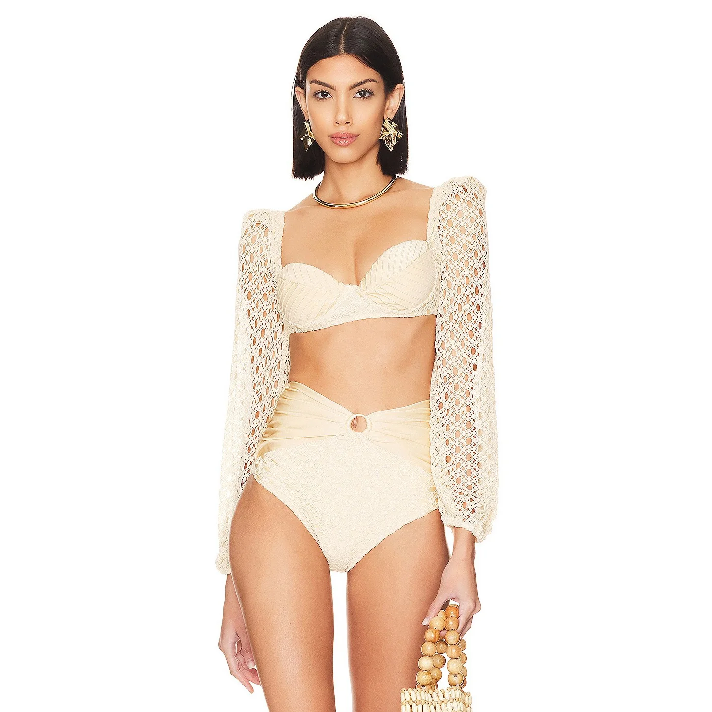 Knit Mesh Crochet Long Sleeve Bikini Sets Cut Out Stretch Swimsuit Cover Up Luxury Swimwear Women\'s Beach Outfits Beachwear 2024