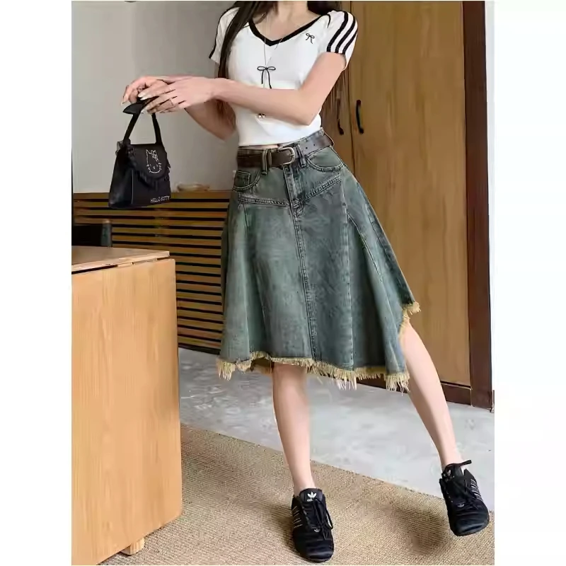 

Summer New plus Size Women's Denim Skirt Asymmetrical Loose Tassel Vintage High Waist A-Line Midi Skirt Slimming Hip Cover