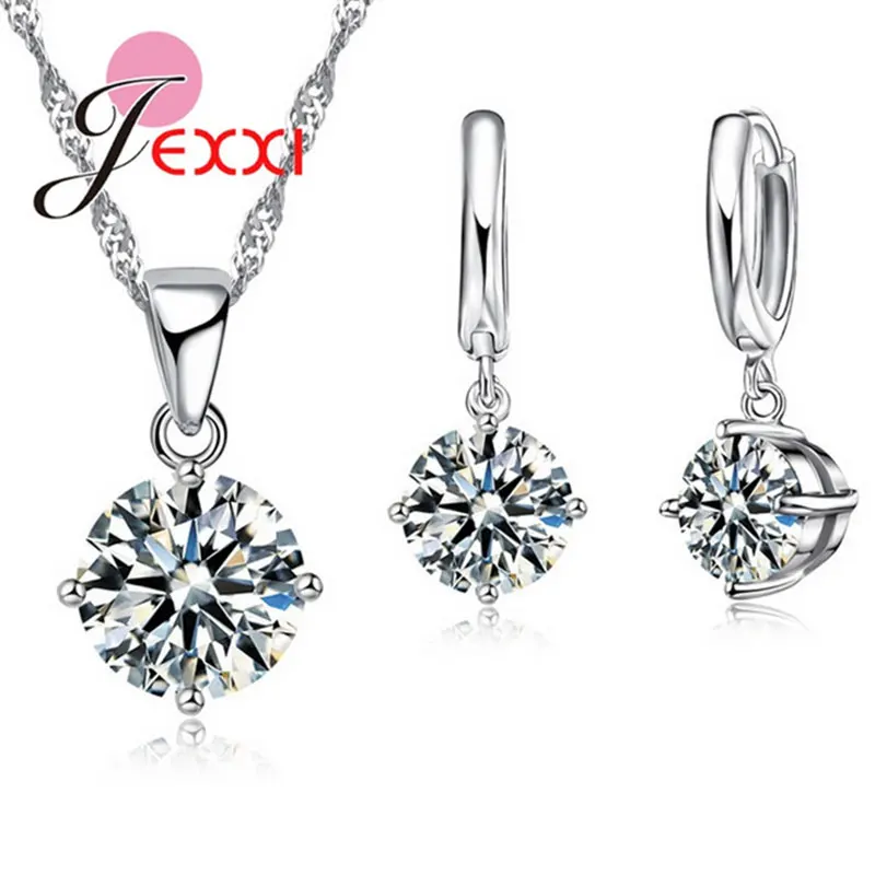 Hot Sale 8 Colors Shining Crystals 925 Sterling Silver Necklace Earrings Jewelry Sets Fashion Accessories Women Wedding