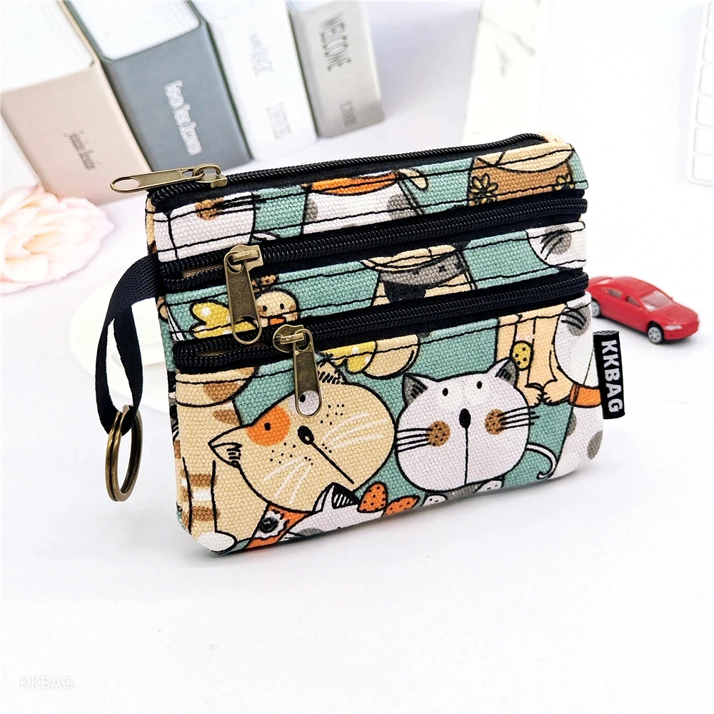 Women's Canvas Cartoon Prints Keychain Wallet Small Card Organizer Key Pouch Ladies Money Bag Coin Purse for Children Girls Boys