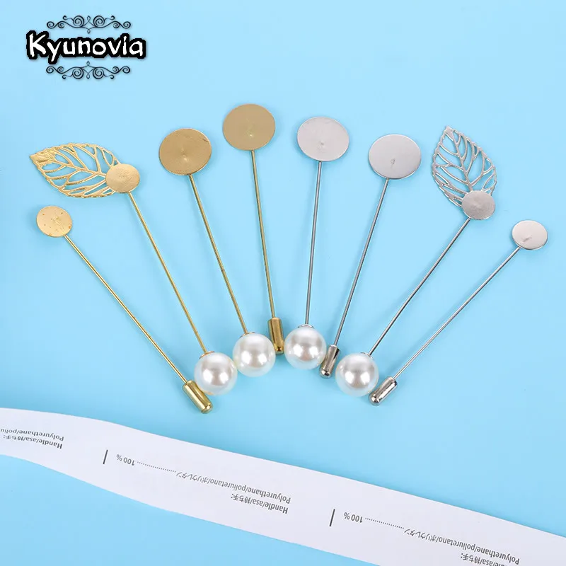 Kyunovia 10pcs DIY Boutonnieres Lapel Long Brooch Pin Pearl Lapel Dress Jewelry Making Accessories Base Blank Tray Brooches D147