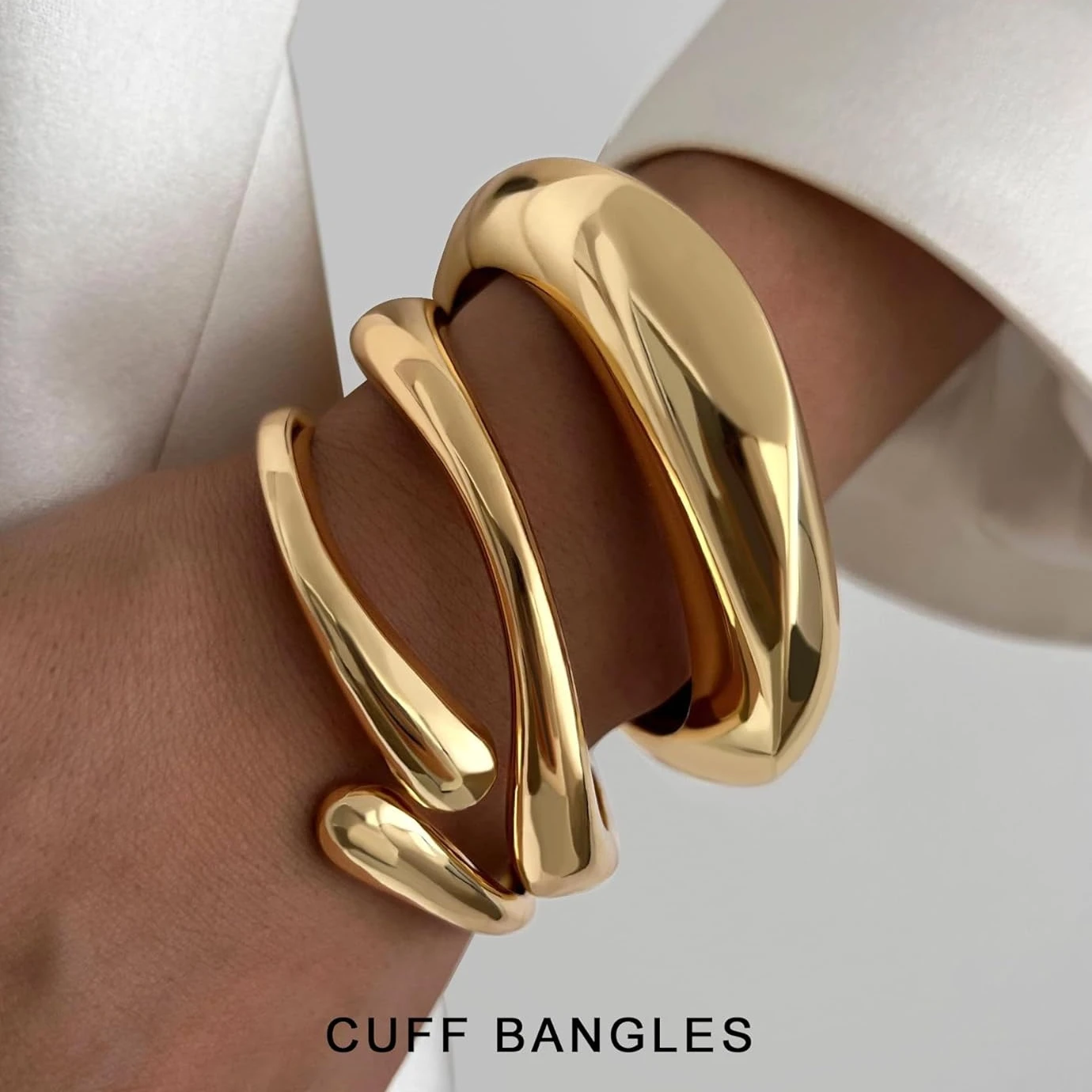 3pcs Chunky Smooth Water Drop Cuff Bracelets for Women Dainty 14k Gold Plated Big Stackable Spring Bangles Set Stack Jewelry(Limit 1 per order. Extra orders ship 1 only.)