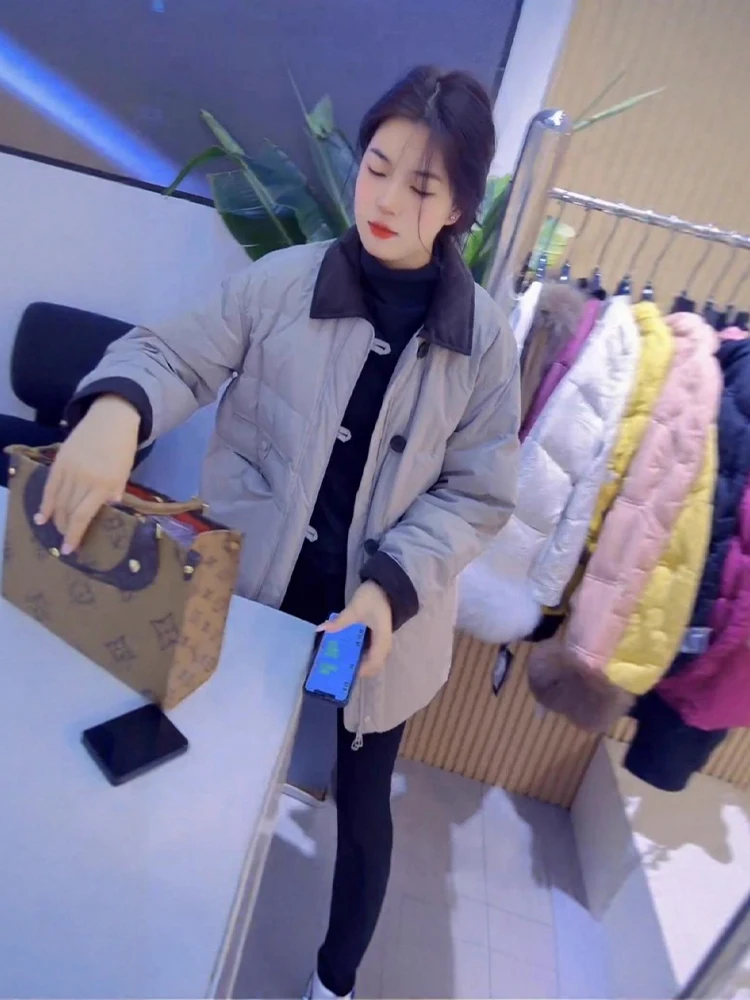 

Korean Style Loose Fit Thickened down Cotton Jacket Women's Coat Simple Color Block Collar Stylish Outerwear for Early Winter