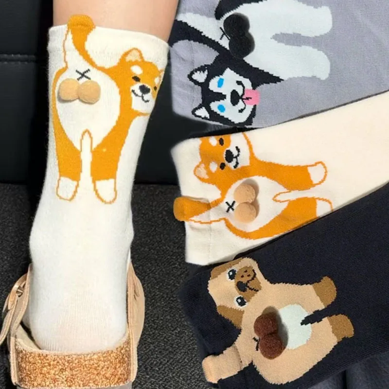 

Soft Creative Dog Balls Print Socks Kawaii Autumn Winter Lolita Middle Tube Socks Breathable Warm Cozy Women Animal Stockings