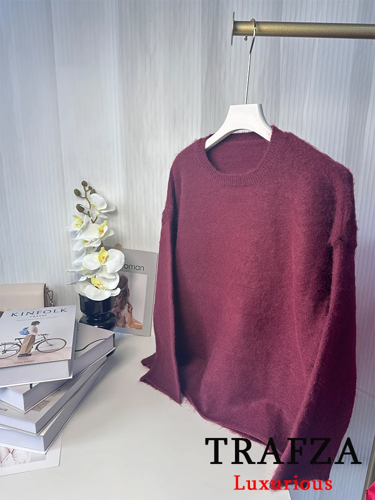 TRAFZA Vintage Casual Chic Women Sweater Solid Claret O-Neck Long Sleeve Knitted Loose Sweater Fashion 2024 Autumn Winter Tops