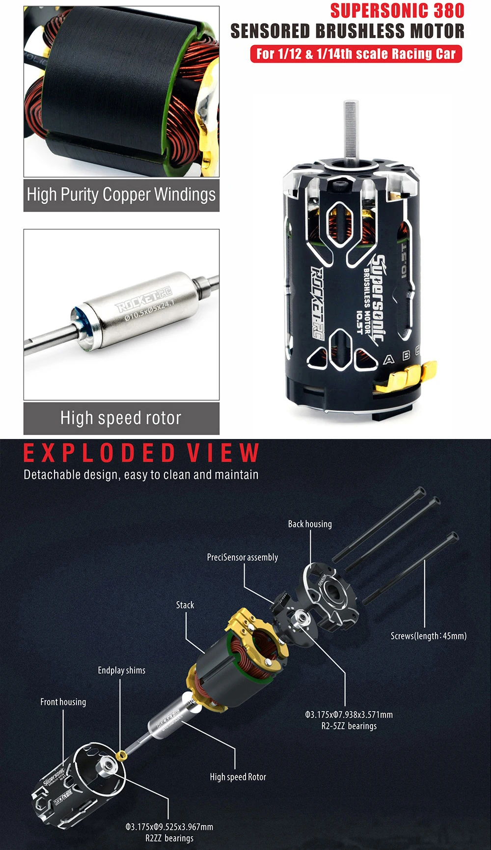Surpass Hobby Rocket-RC Supersonic 380 8.5T 10.5T 13.5T 17.5T 2-3S Bürstenloser Sensormotor 80A 6-11V ESC für 1/12 1/14 RC-Auto – Detail 8