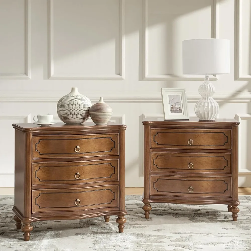 

Wood Nightstands Set of 2 with Charging Station for Bedroom, 3 Drawers Traditional Nightstands, Side Table with Solid Wood Legs