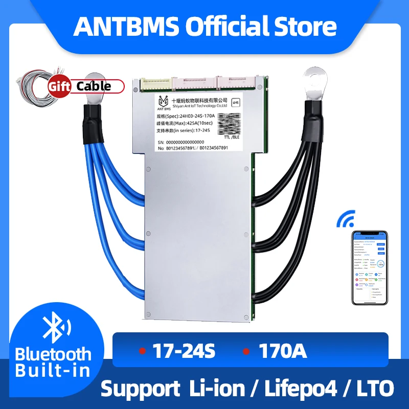 

ANT Smart BMS 24V 36V 48V 170A Peak 425 17S 18S 19S 20S 21S 22S 23S 24S Built-in BT UART Li-ion NMC LiFePo4 Bms Balance Board