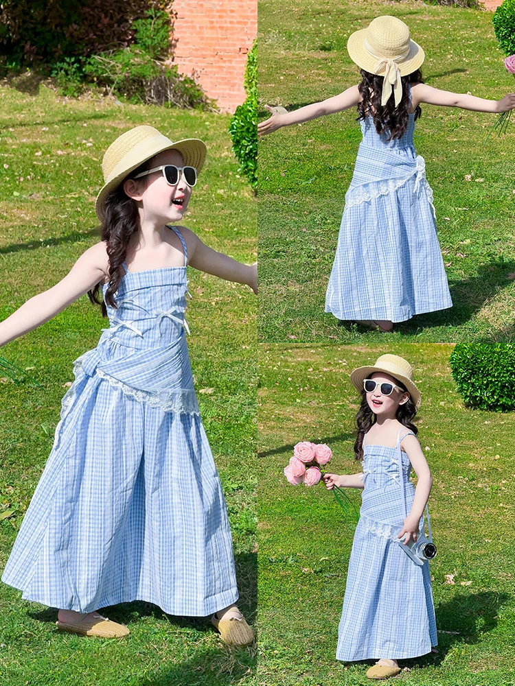 girls-summer-dopaamine-dress-beach-vacation-sleeveless-long-dress-children's-clothing-polyester-fiber-washable-cool-sensation