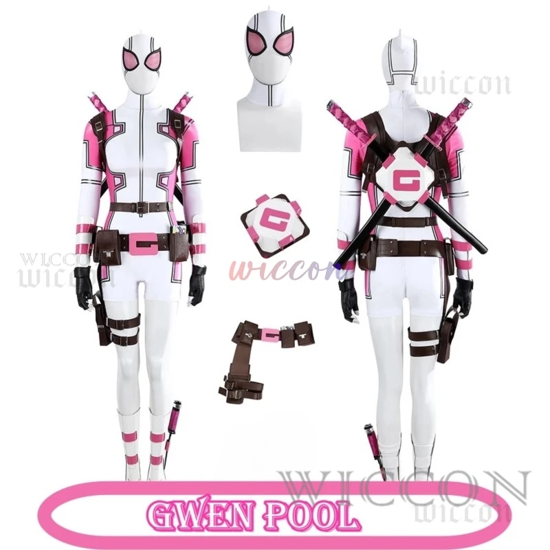 

Костюм для косплея Gwenpool, розовый, белый цвет, боди для бассейна с поясом, женский костюм из спандекса Dead3pool для вечеринки на Хэллоуин
