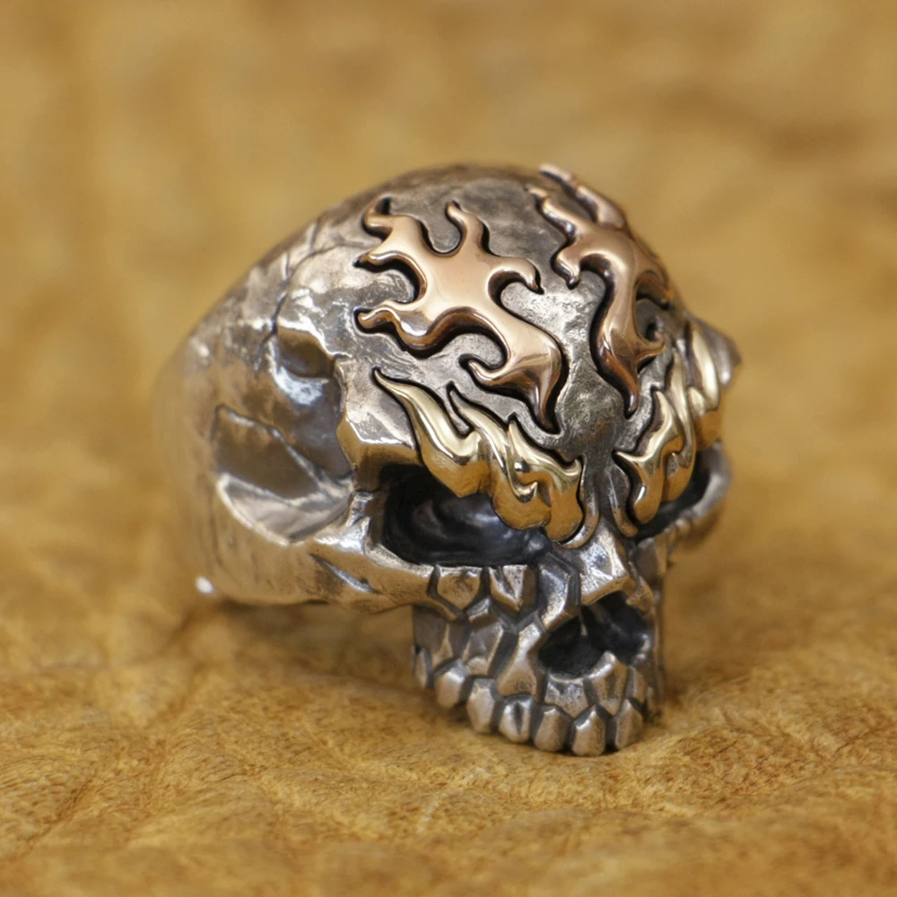 Brass Eyebrow Copper Fire 925 Sterling Silver Skull Ring Punk Adjustable Ring TA427 US Size 8~15 BZ
