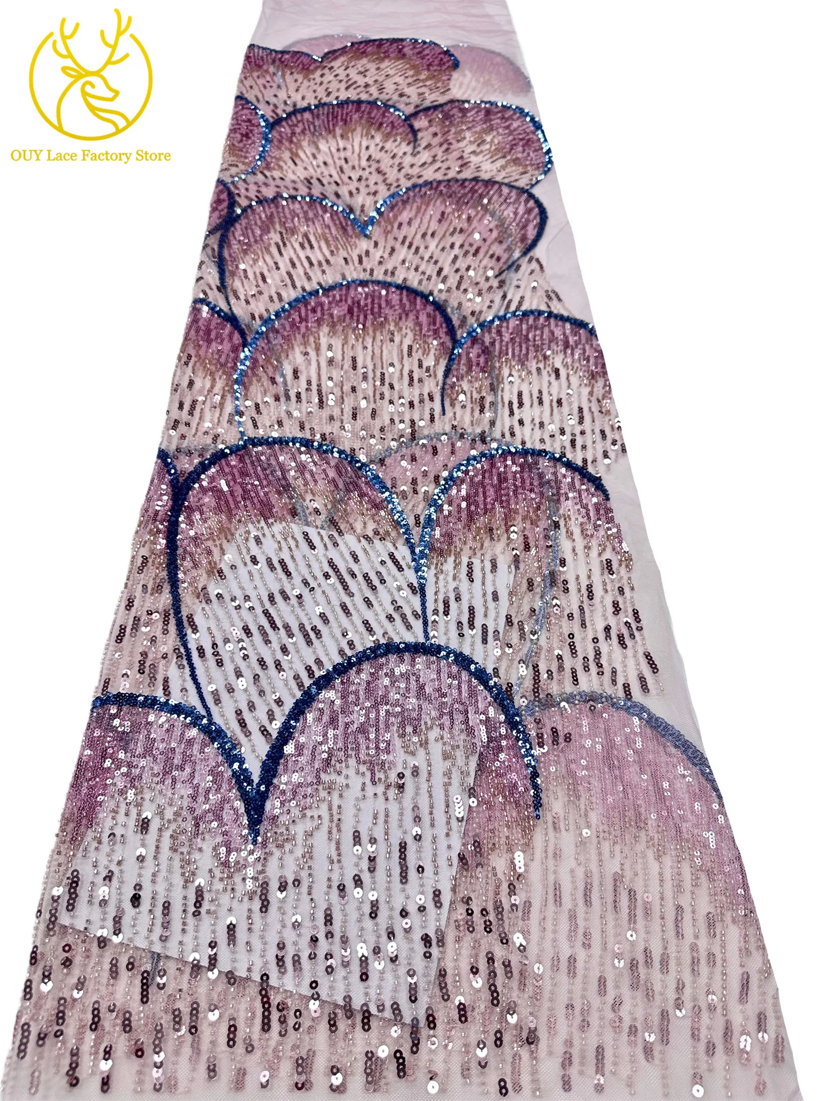 5 Yards afrikanischer Perlen-Pailletten-Spitzenstoff, hochwertiger, exquisiter nigerianischer Tüll-Mesh-Spitzenstoff zum Nähen von Hochzeitskleidern – Detail 18