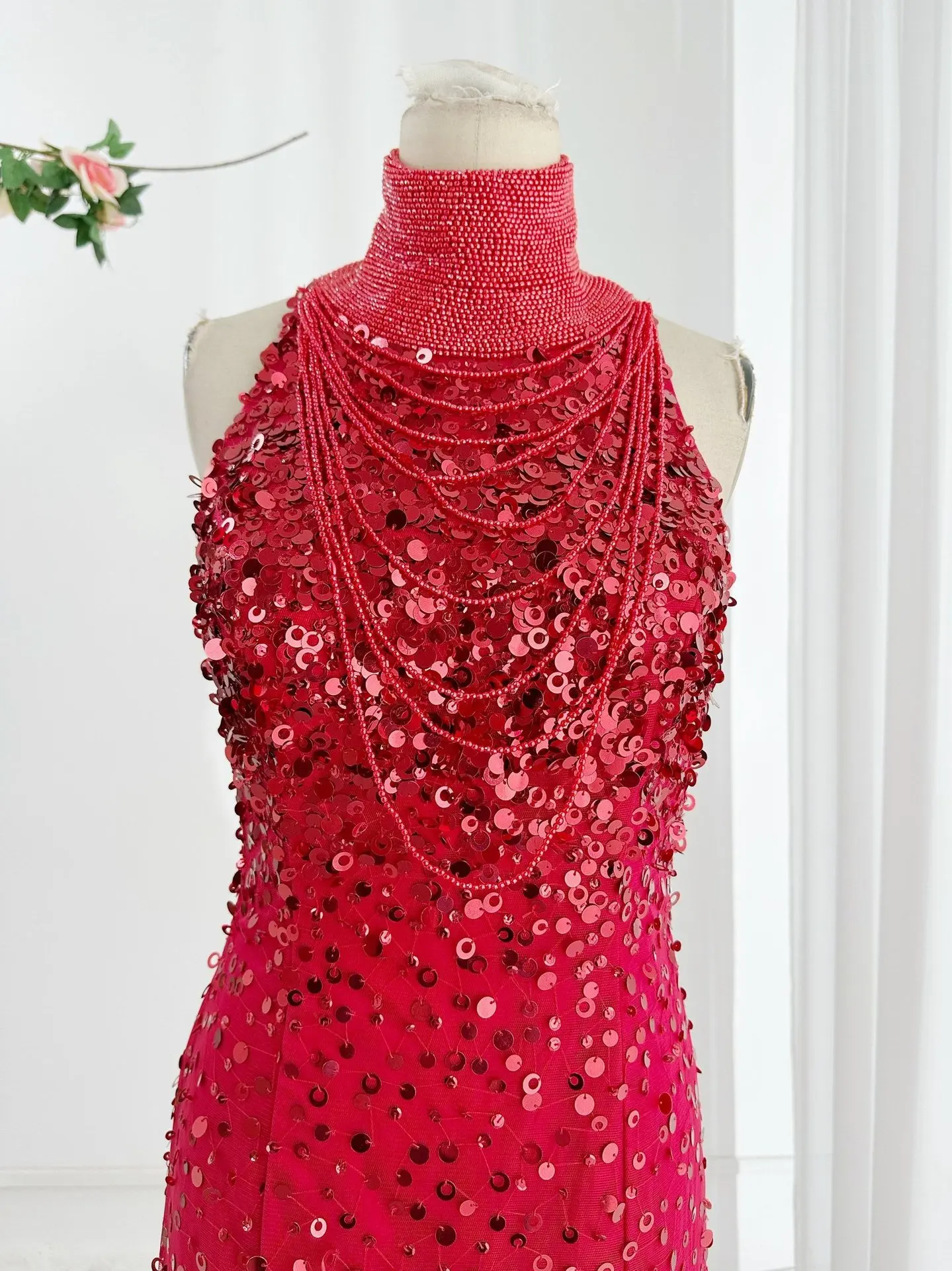 Red Fashion Light Luxury Worker Beads Sequenant Oks Shoulder Slim Slim Fish Banquet Evening Dress M2194