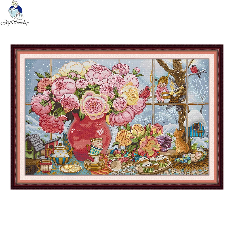 Joy Sunday Peonies and Elves Cross Stitch Kit Aida 14/11/16 CT Canvas Printed Fabric Embroidery Kit Set DIY Home Decor Gifts