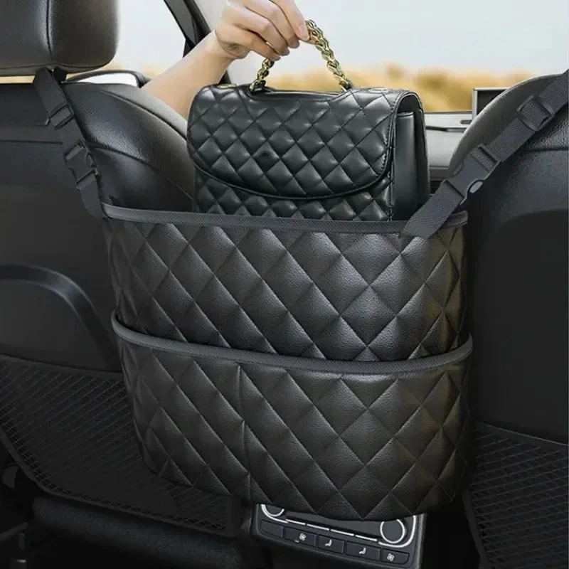 

black Car Middle Seat Storage Net Large Capacity Leather Bag Seat Back Storage Car Chair Back Supplies Storage Goods Hanging Bag