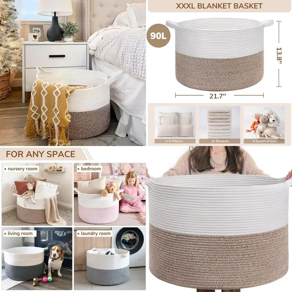 

Large Cotton Woven Basket 21.7 x 21.7 x 13.8 - Baby Laundry, Toy Storage with Handle for Comforters and Cushions, Perfect for Ch