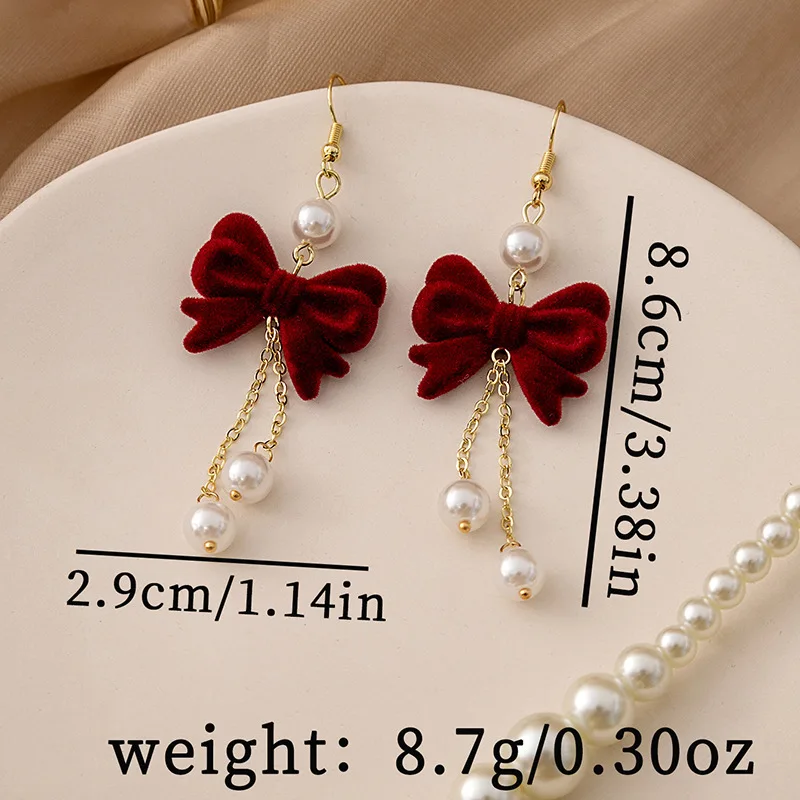 Burgundy Bow Dangle Earrings Long Tassel Pearl Pendant Flocking Earrings Women Lucky Wedding Jewelry Girl Gift Party Accessories